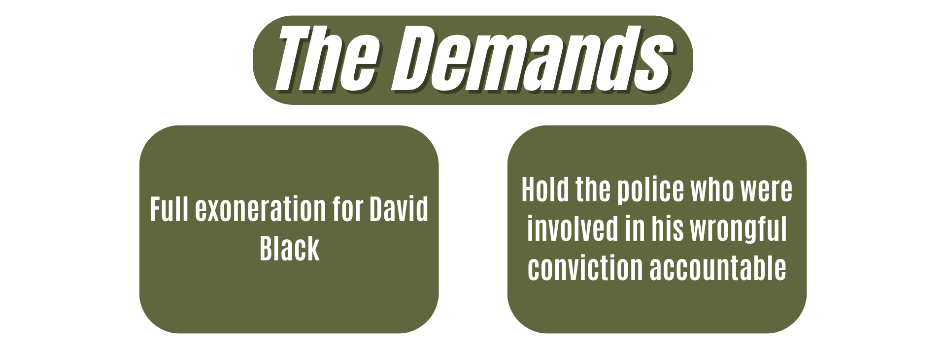 A chart titled 'The Demands' with two points: 'Full exoneration for David Black' and 'Hold the police who were involved in his wrongful conviction accountable'.