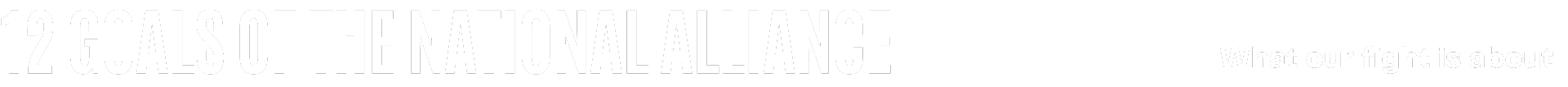 Header with black background and white text reading '12 Goals of the National Alliance'. Smaller text on the right says 'What our fight is about'.