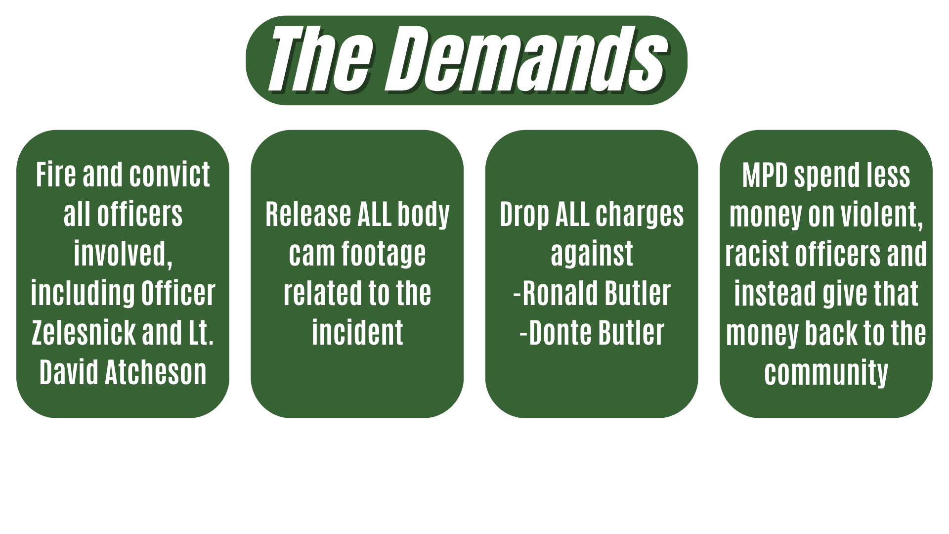 A graphic listing demands including firing and convicting officers involved in an incident, releasing body cam footage, dropping charges against Ronald Butler, and reducing police spending on violence and racism.