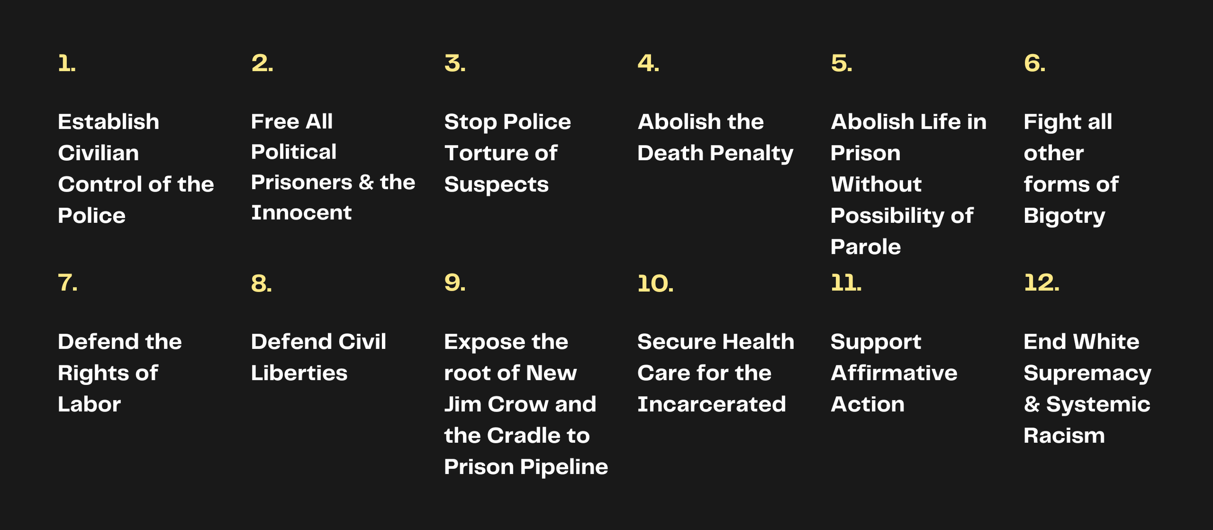 A list of 12 social justice and activist goals displayed on a black background, numbered from 1 to 12 in yellow, with corresponding white descriptions of each goal.