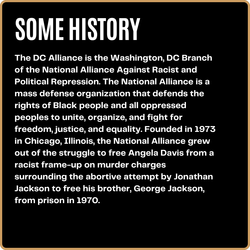 Text titled 'Some History' explaining that the DC Alliance is the Washington, DC branch of the National Alliance Against Racist and Political Repression, founded in 1973 in Chicago to defend Black rights and fight oppression. It mentions the organization's origins in fighting for Angela Davis's and George Jackson's justice.