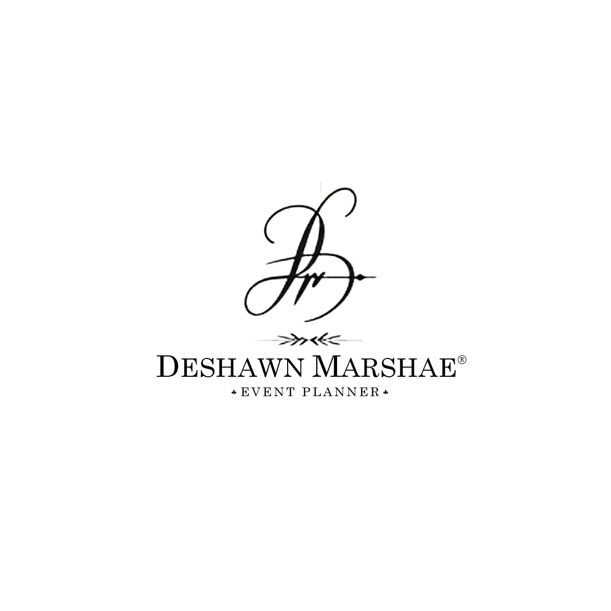 Logo for Deshawn Marsha'e Event Planner with cursive initials and elegant text.