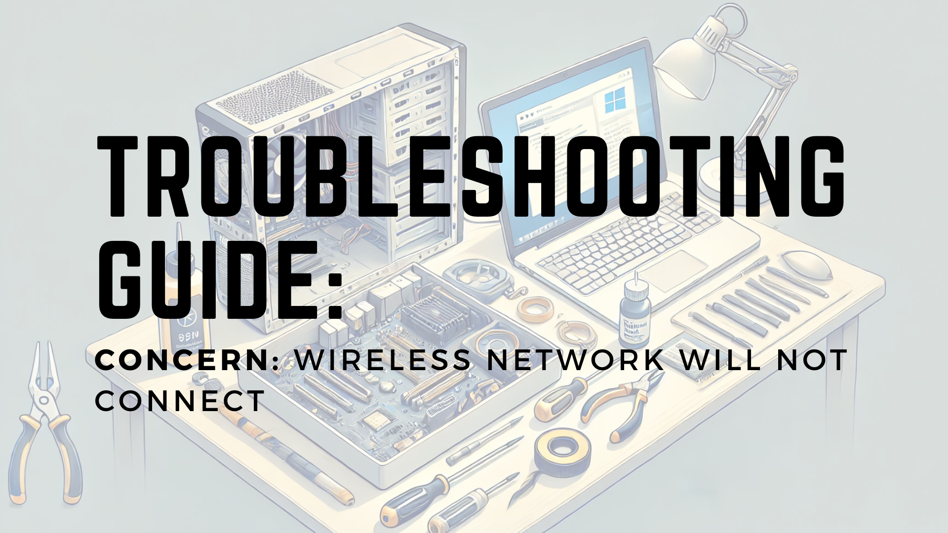 Tech Support Workbench with Tools and Devices. Title in black letters.