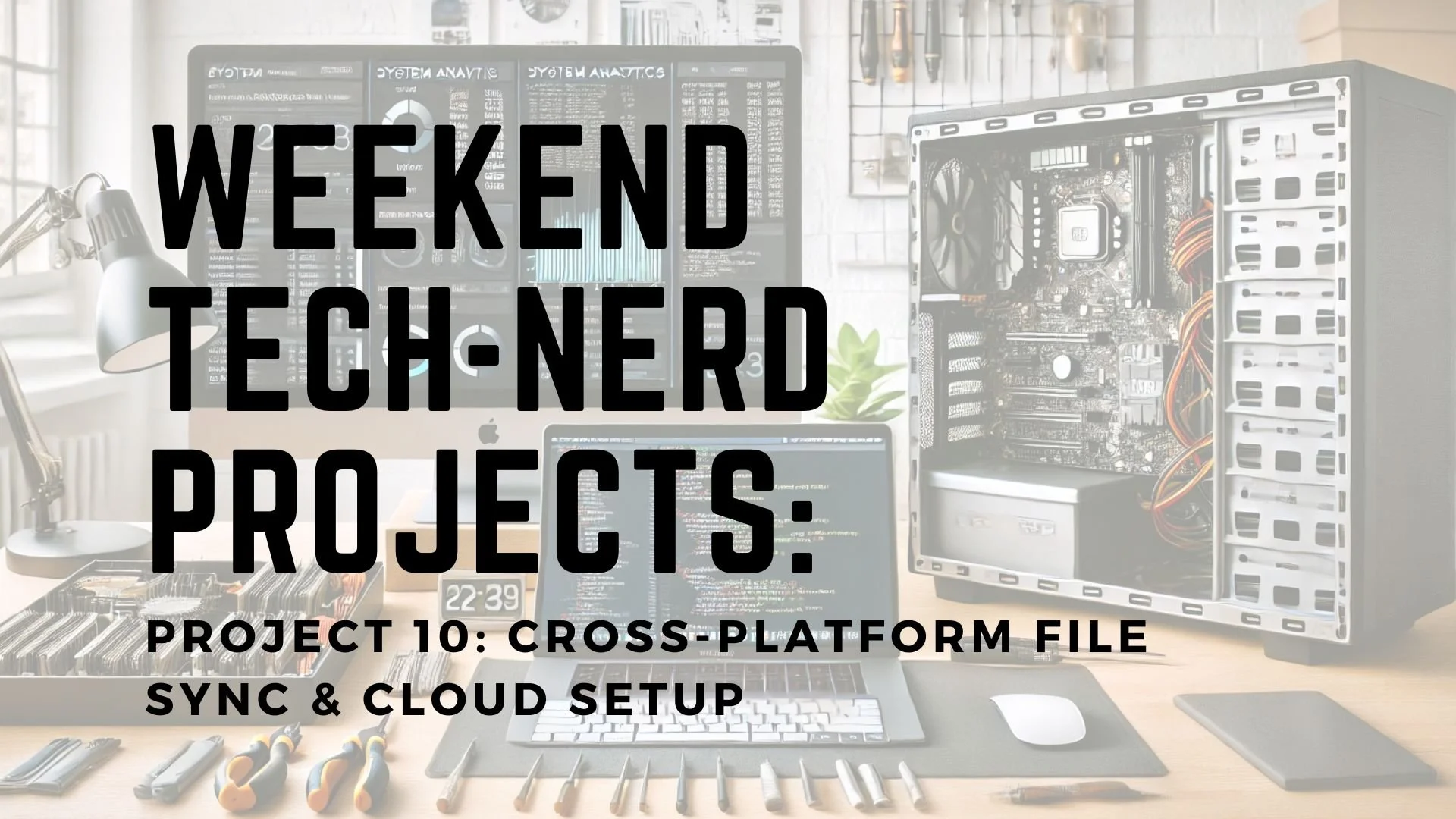 Weekend Tech-Nerd Projects thumbnail with a desk workspace showing a desktop computer being repaired and a laptop used for development, with the project title over a white transparent overlay.