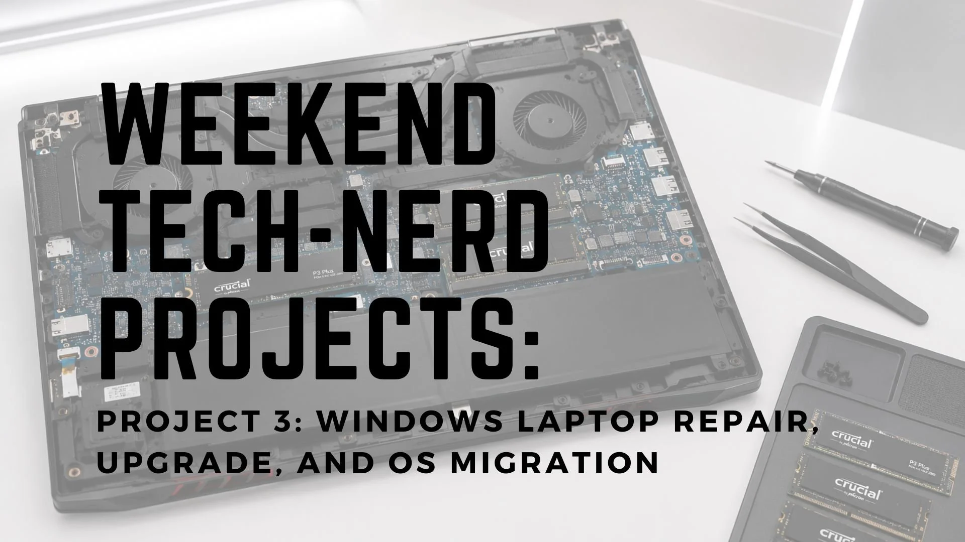 Weekend tech nerd project. Displays an Acer Nitro 5 opened up for repair on a tech support bench with repair tools near the laptop.