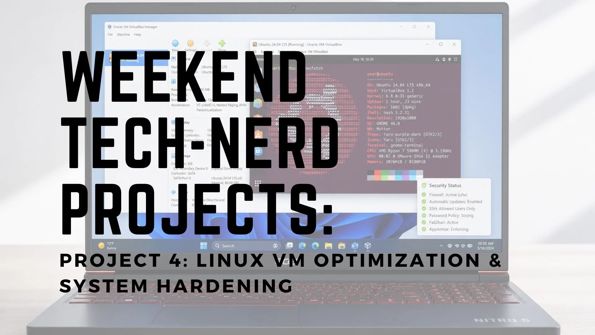 Weekend tech nerd project for virtualized linux VM setup. Displays a laptop running a virtual machine running Ubuntu.