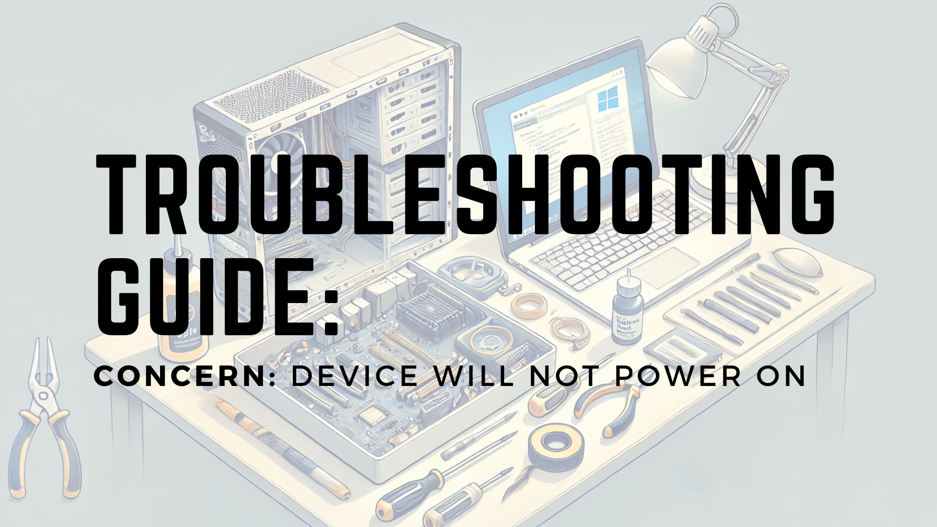 Tech Support Workbench with Tools and Devices. Title in black letters.