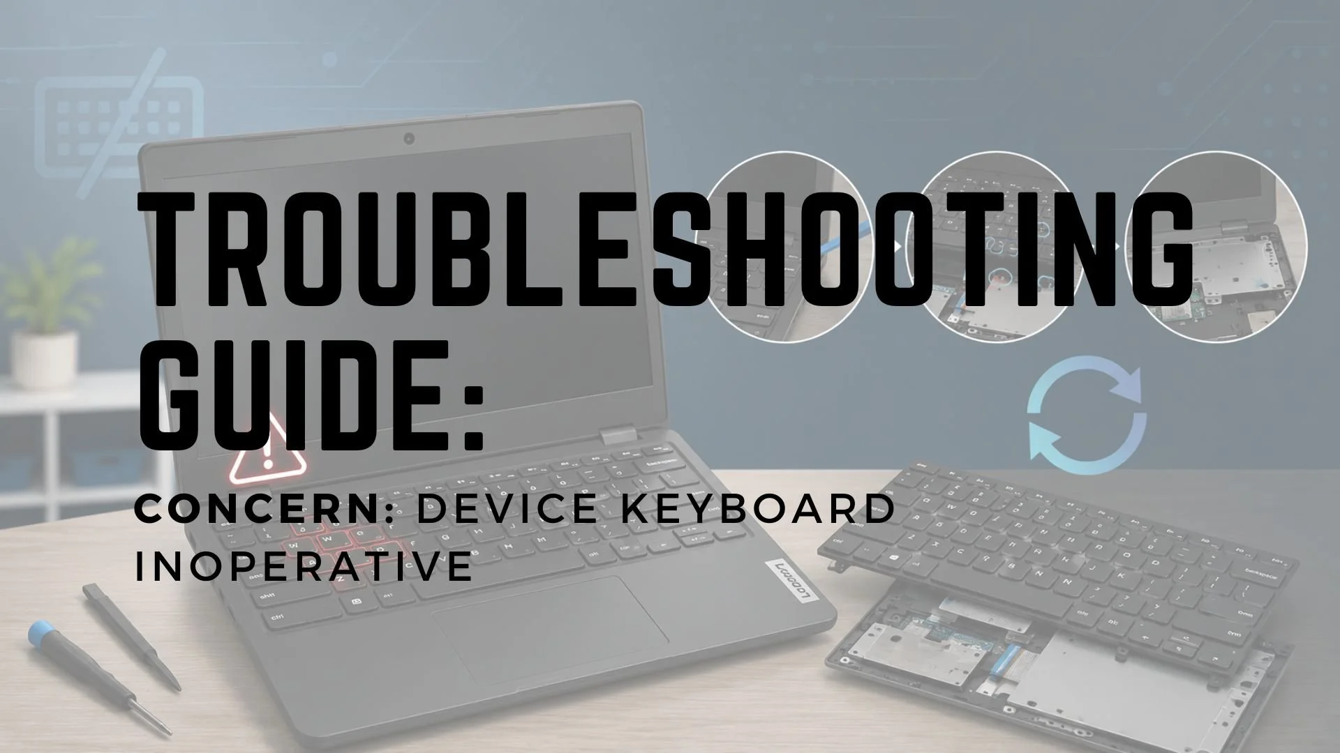 Lenovo laptop showing steps on how to remove and replace keyboard tray and lid