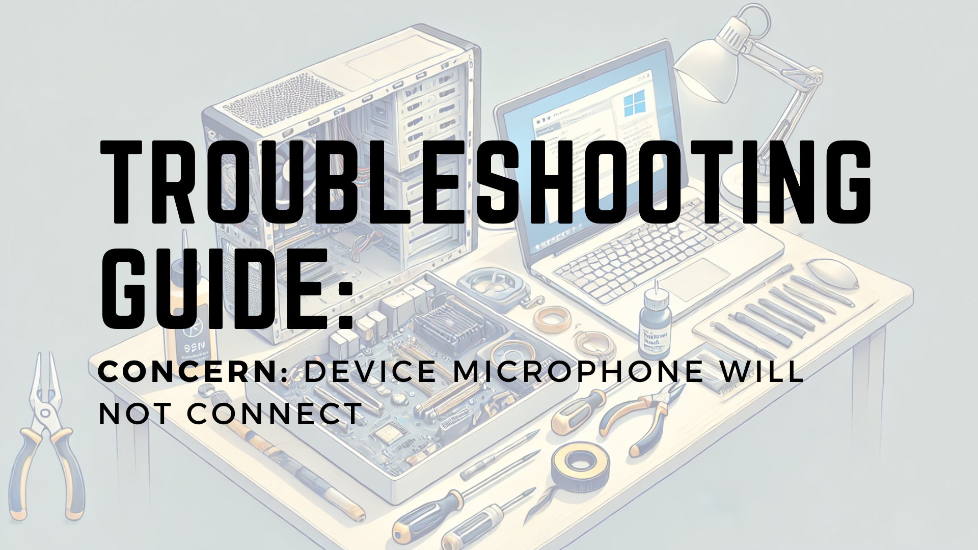 Tech Support Workbench with Tools and Devices. Title in black letters.