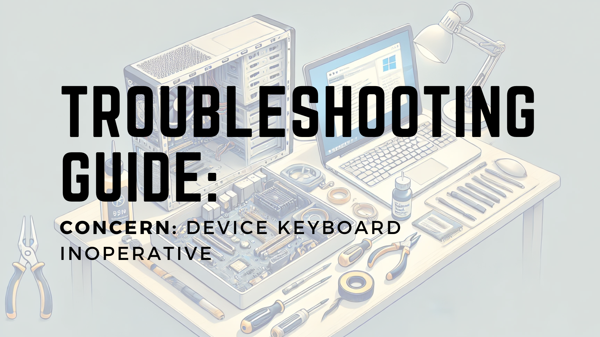 Tech Support Workbench with Tools and Devices. Title in black letters.