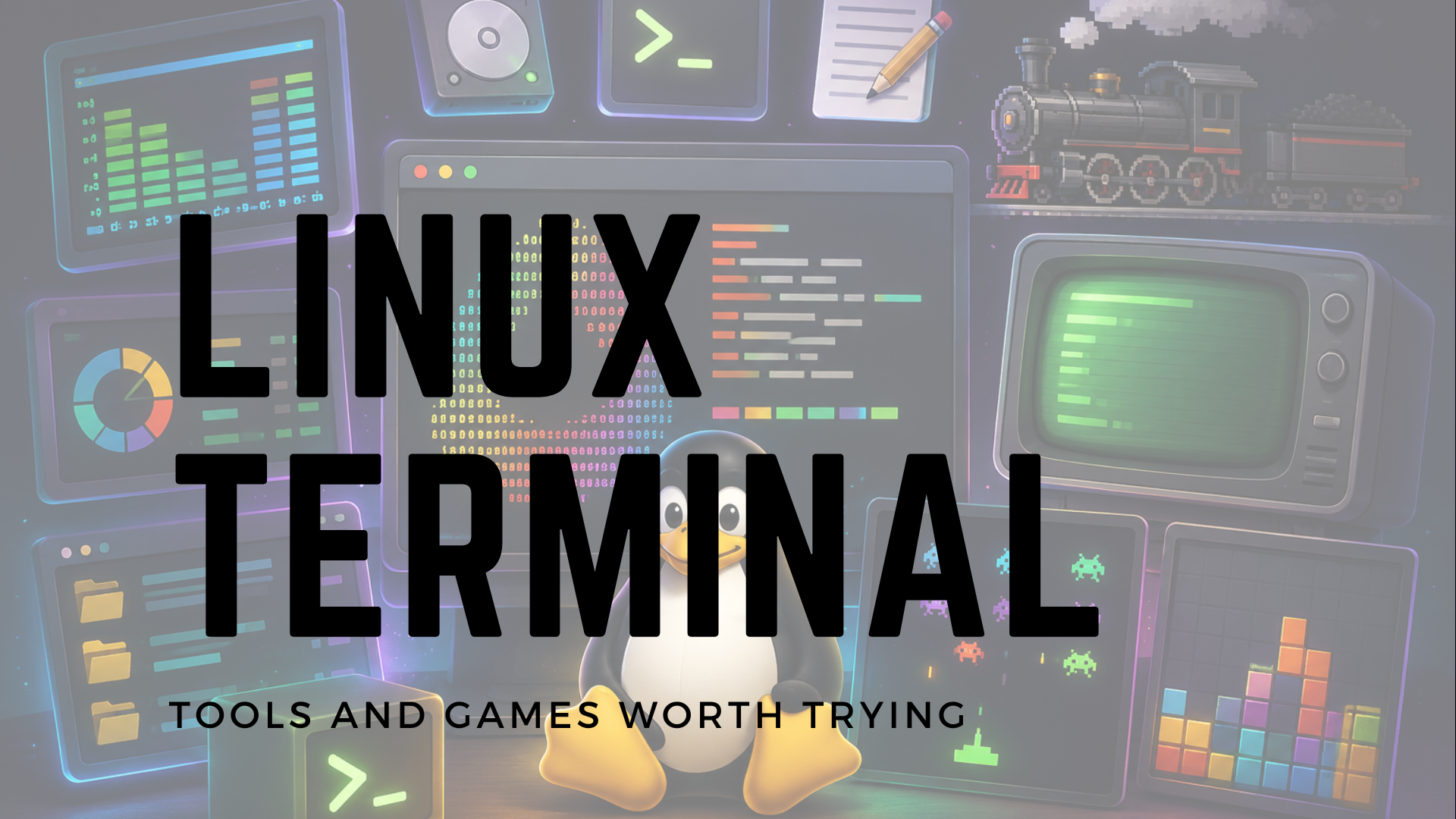 Linux Terminal Tools & Games Background Image with Text Overlay