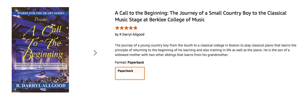 Book cover titled "A Call to the Beginning" by R. Darryl Allgood, featuring a blue and purple background with musical instrument images and a small boat on a river, as part of the Words for the Heart series.