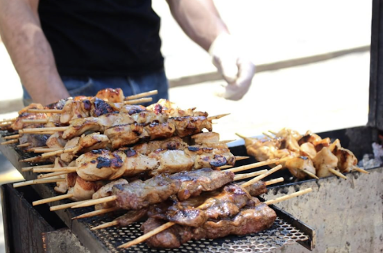 Chicken,pork, steak skewers, freshly pureed mango juice