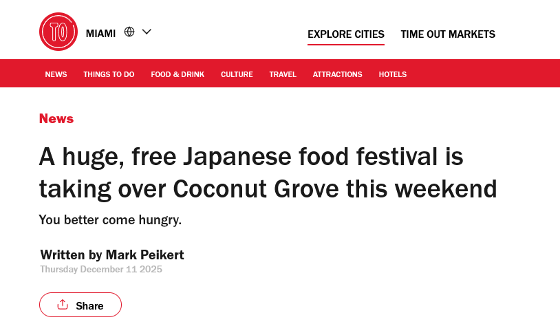 【Timeout】A huge, free Japanese food festival is taking over Coconut Grove this weekend!