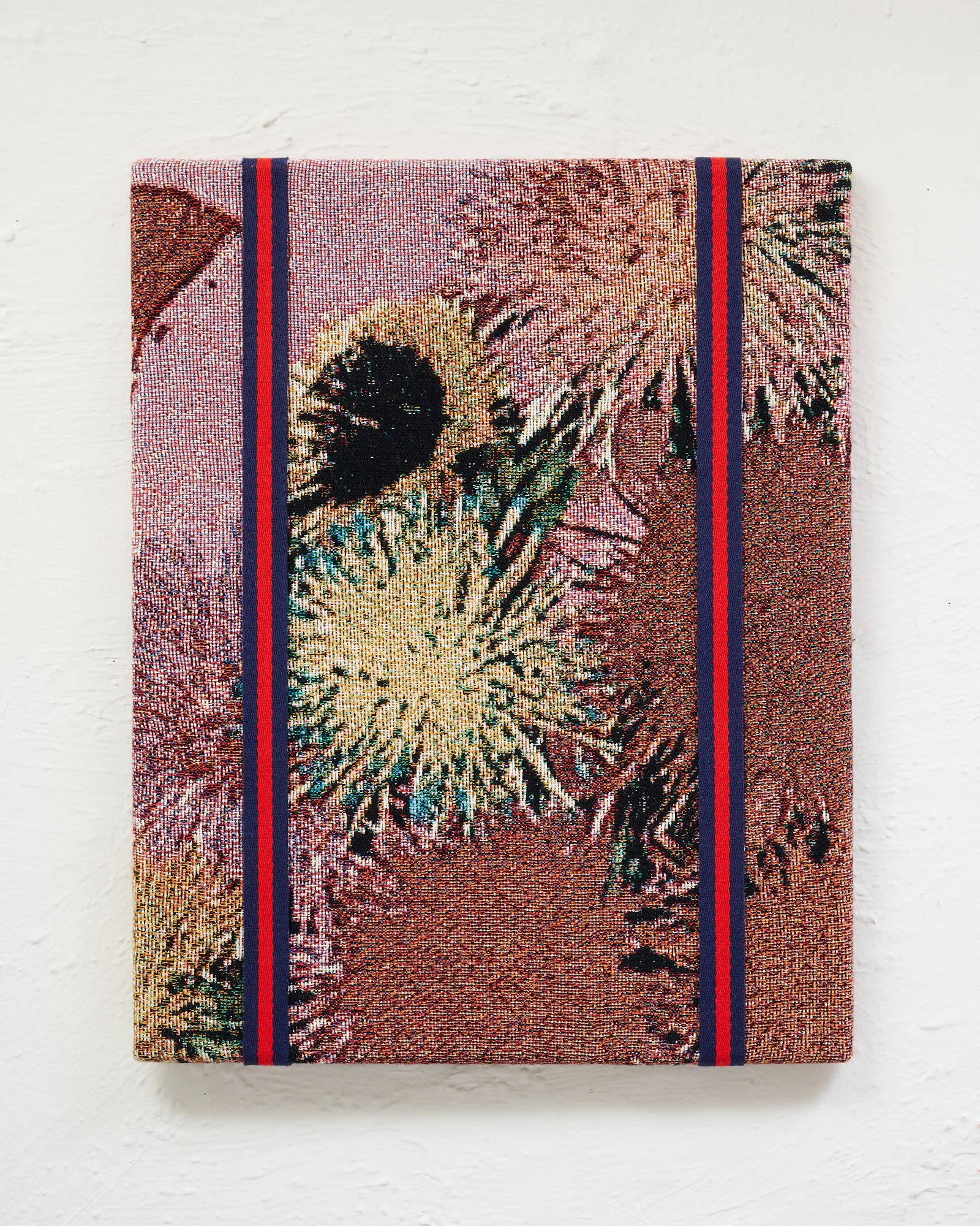 Knock Off, 2025, Jacquard fabric, found straps, 16 x 20 inches
