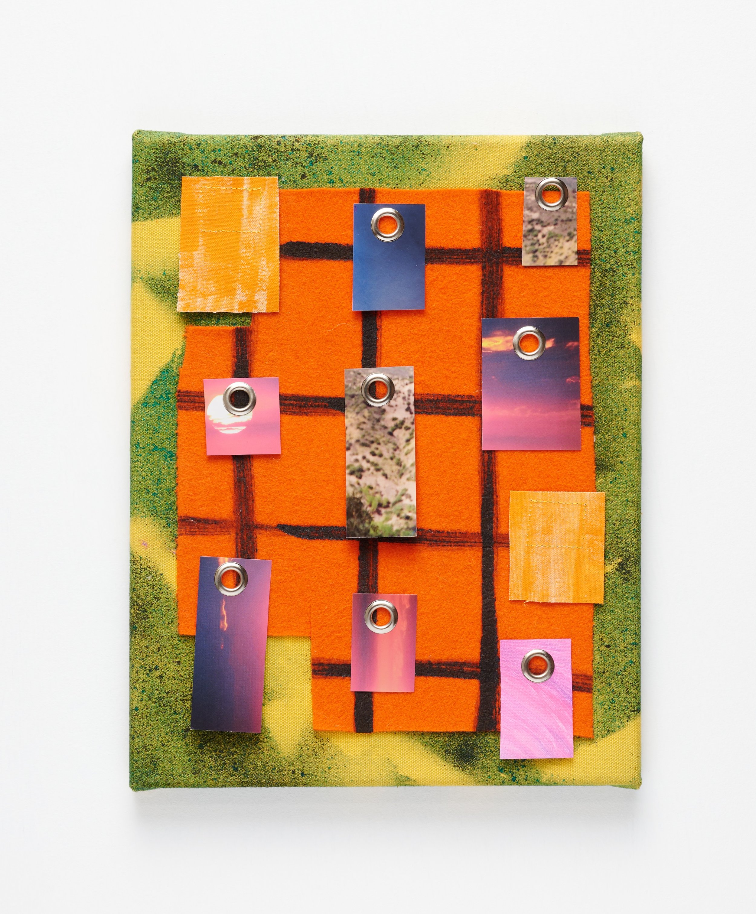 Street Cleaning, 2026, Fabric, dye, acrylic, grommets, postcard, found photograph, 11 x 14.5 inches
