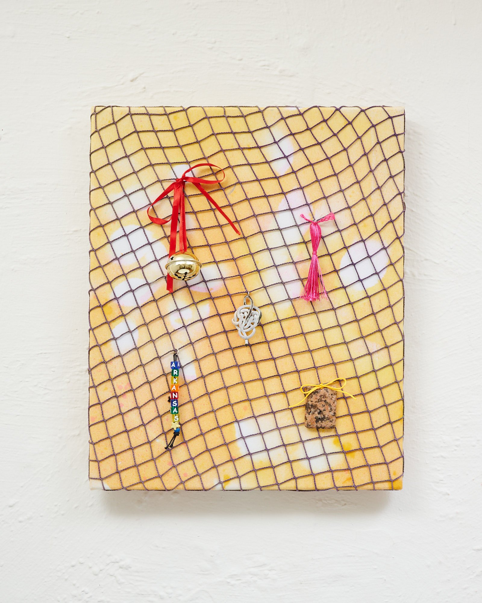 Memory Net, 2025, Fabric, dye, found objects, 13.5 x 16.25 inches