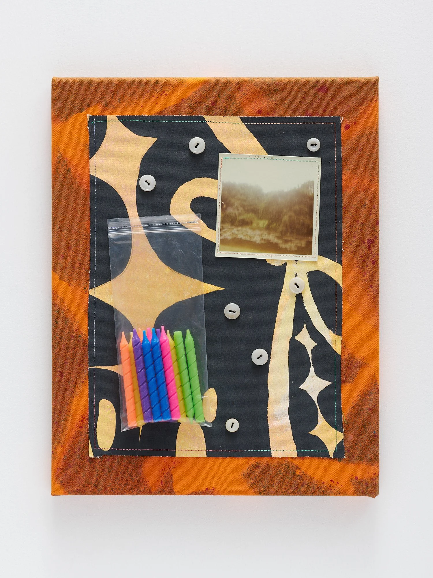 Nostalgic Montage, 2025, Fabric, dye, buttons, thread, found photograph, found painting, birthday candles, plastic bag, 14 x 11 inches