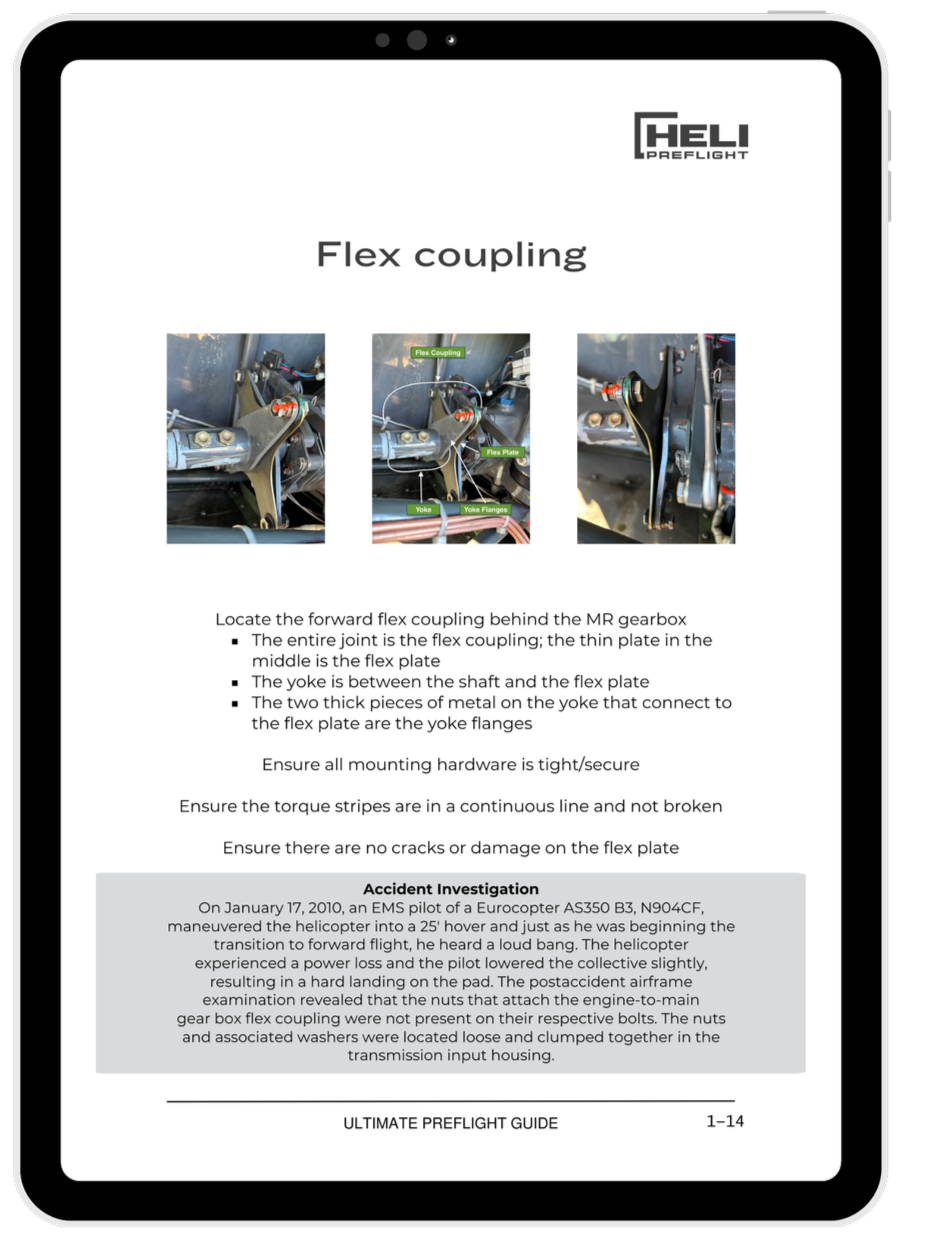 Guide page showing instructions and images for locating and inspecting a flex coupling behind a helicopter's MR gearbox, including details about the flex plate, yoke, and mounting hardware.