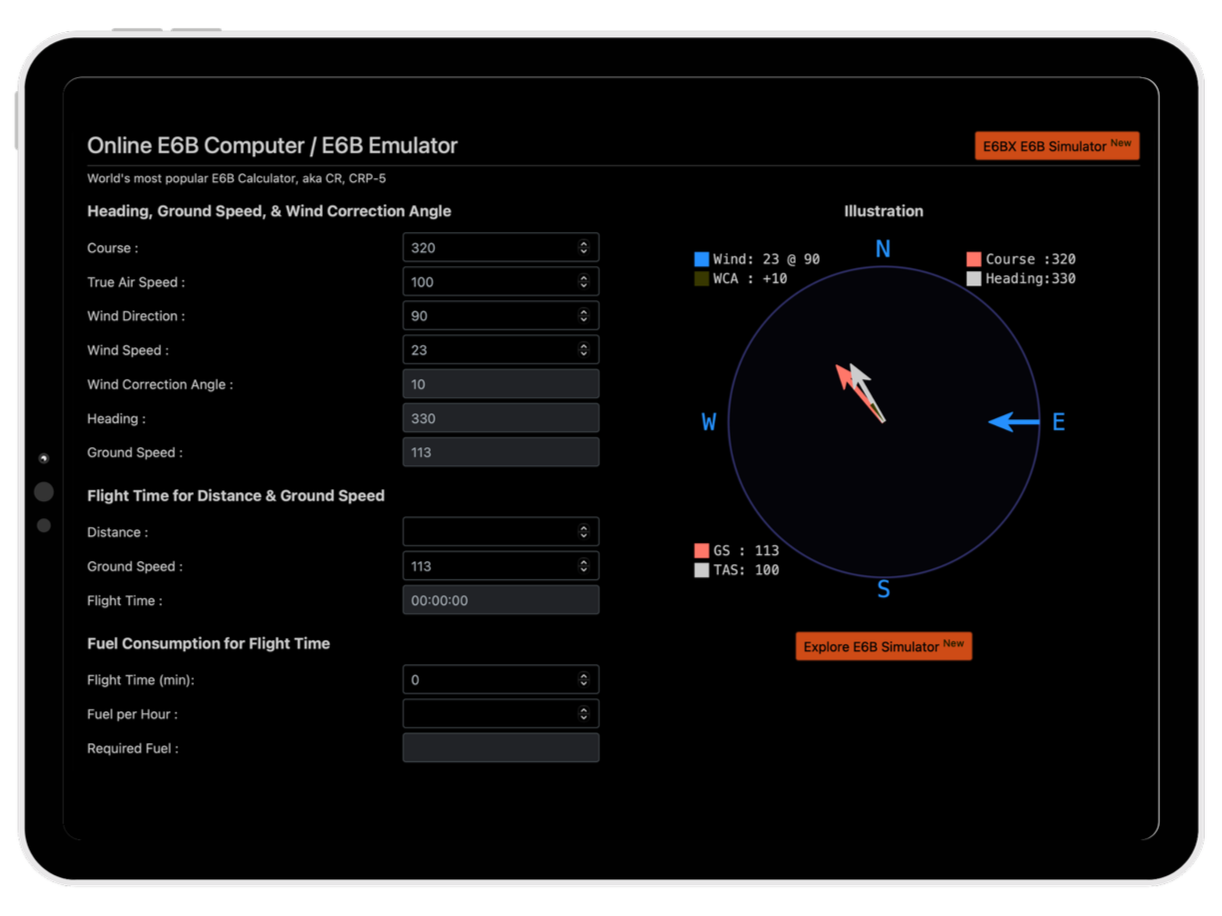 Screenshot of an online E6B computer and emulator interface for navigation calculations, with input fields for course, speed, wind, and heading, alongside a graphical compass illustration.