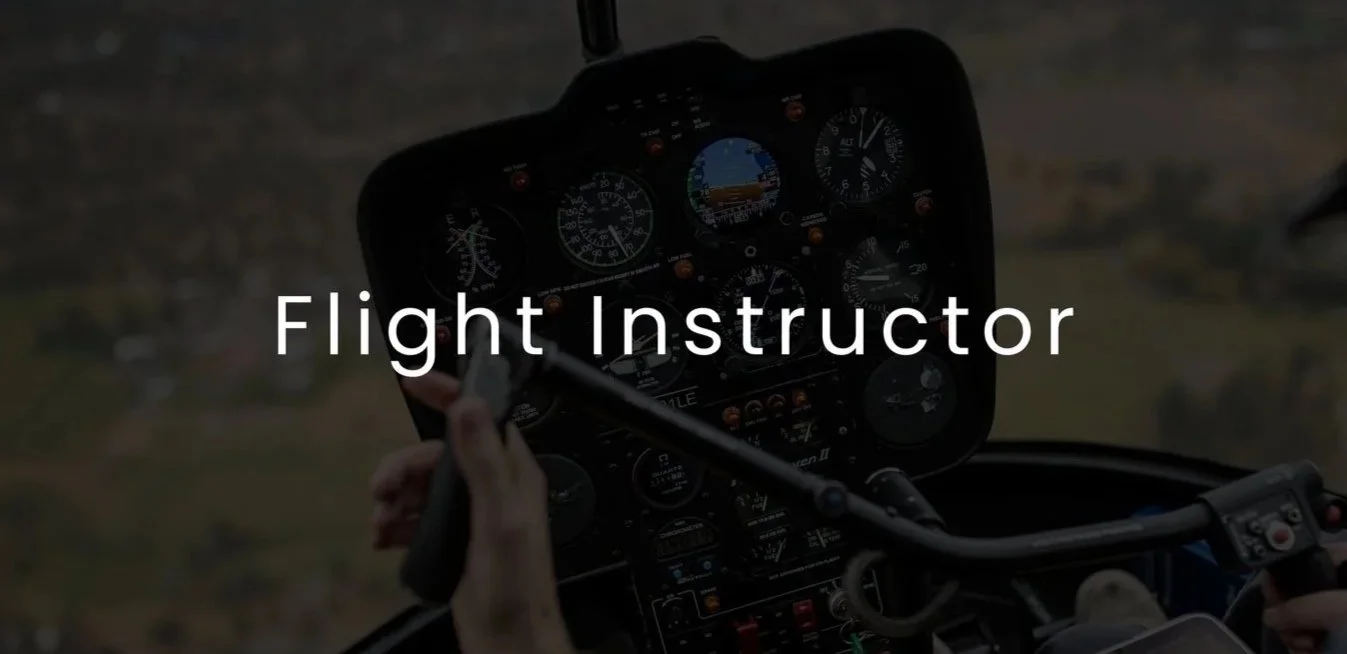 Cockpit view of a helicopter with pilot's hand controlling the flight instruments, with the text 'Flight Instructor' overlayed.