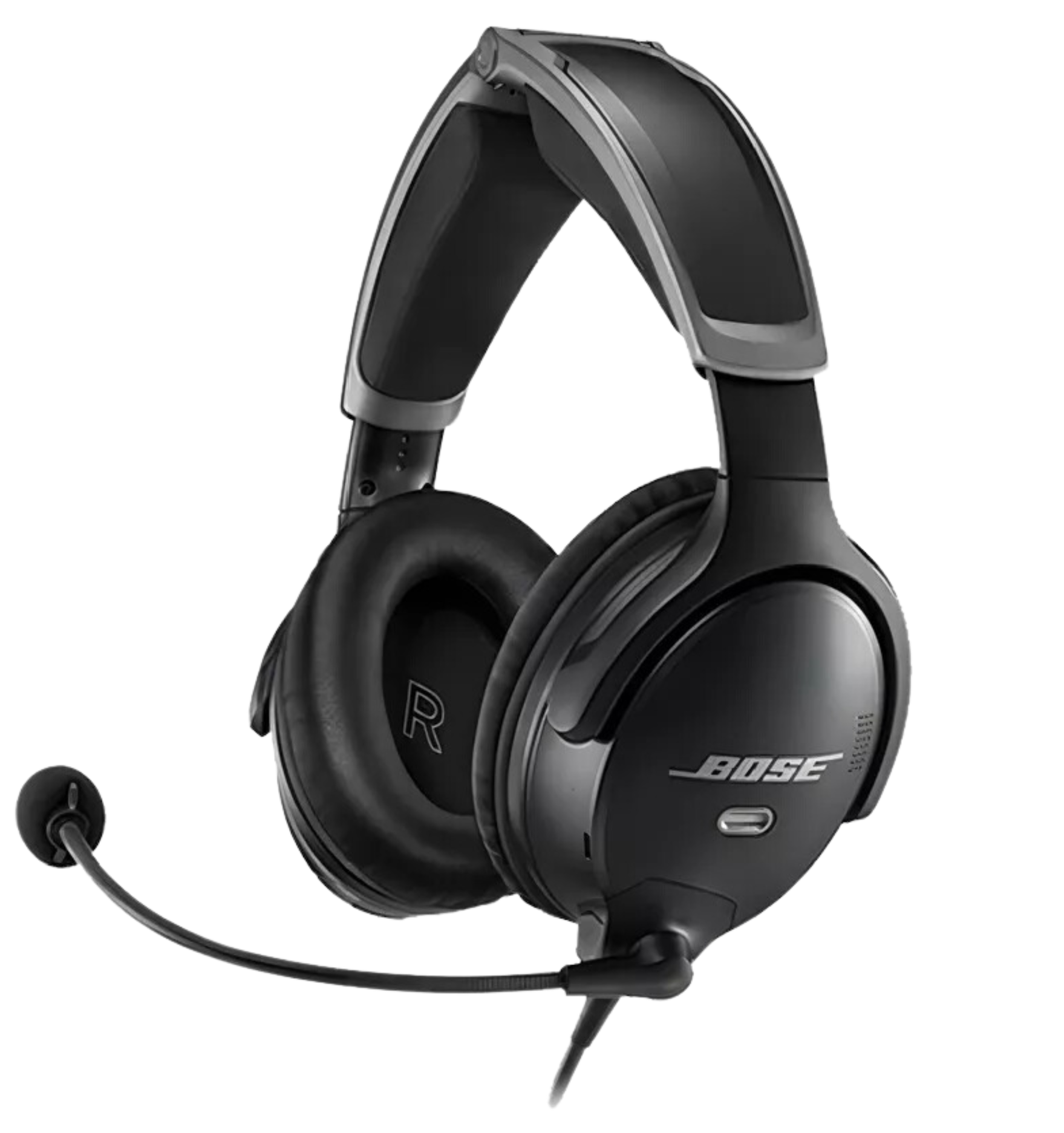 Black Bose noise-canceling headphones with a built-in microphone and an attached boom mic.