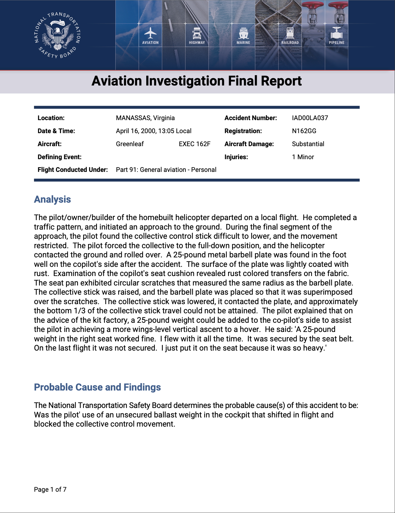 Cover page of an aviation investigation final report by the National Transportation Safety Board, with icons representing different transportation modes at the top, and the report details including location, date, aircraft, and analysis.