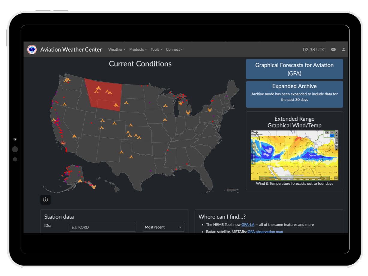 Screenshot of the Aviation Weather Center website displaying current weather conditions across the United States, including weather symbols and a graph of extended wind and temperature forecasts.