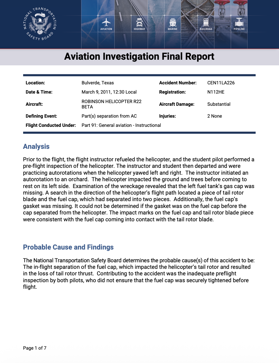 A final report from the National Transportation Safety Board about a helicopter accident involving a Robinson R22 Beta helicopter in Bulverde, Texas, on March 9, 2011. The report details the investigation into the separation of the helicopter's tail