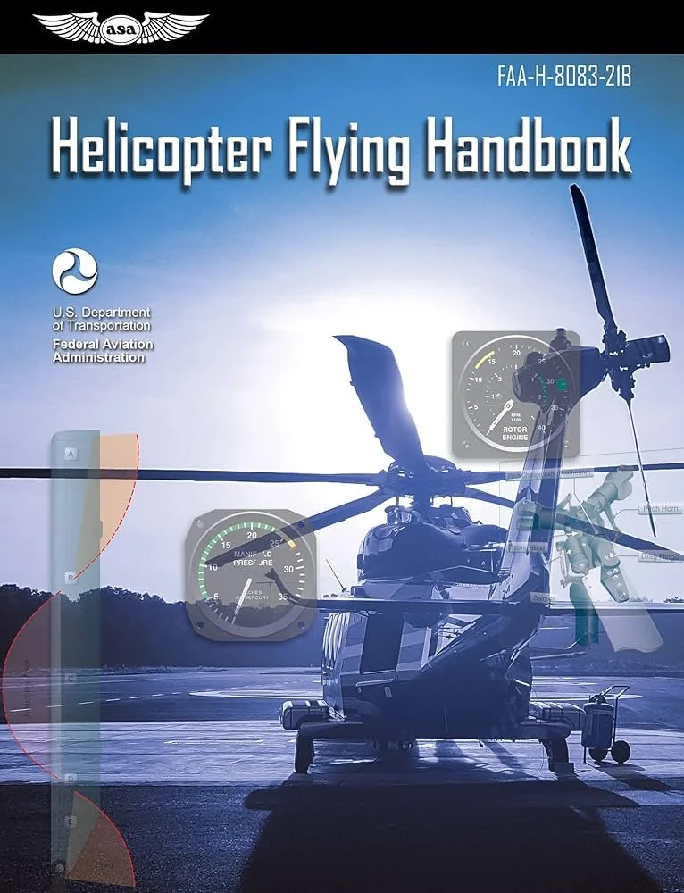 Cover of the FAA Helicopter Flying Handbook featuring a helicopter on a runway with cockpit instruments overlaid.