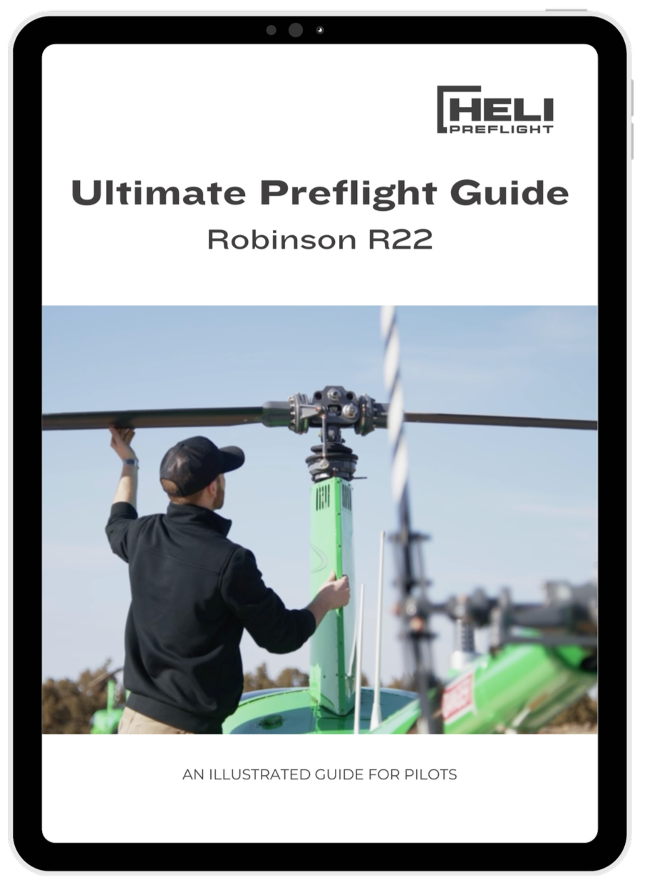 Cover of the Ultimate Preflight Guide for Robinson R22 helicopter, with an image of a person working on helicopter preflight check, under the Heli Preflight logo.