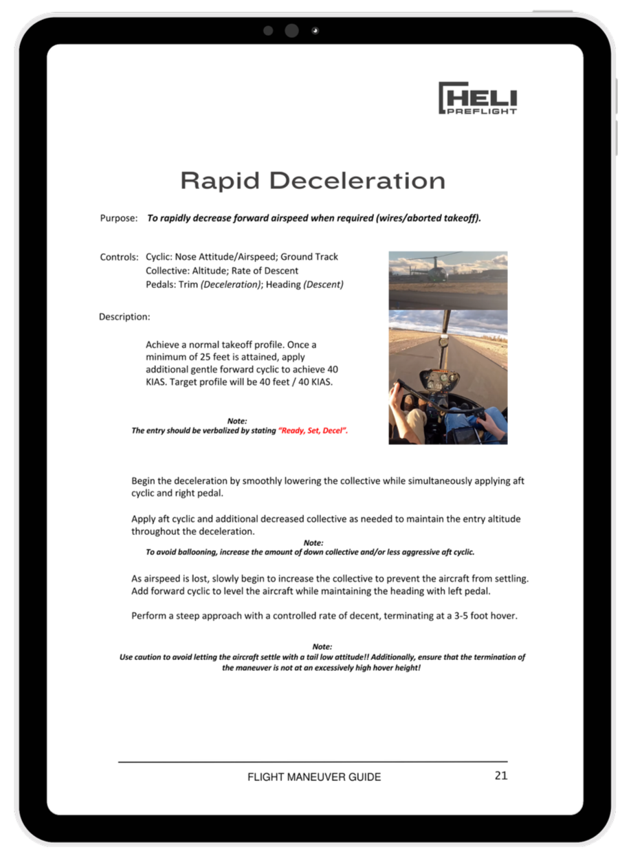 A flight manual page titled "Rapid Deceleration" from a Heli Preflight guide, with instructions and a small photo of a helicopter cockpit view on a runway.