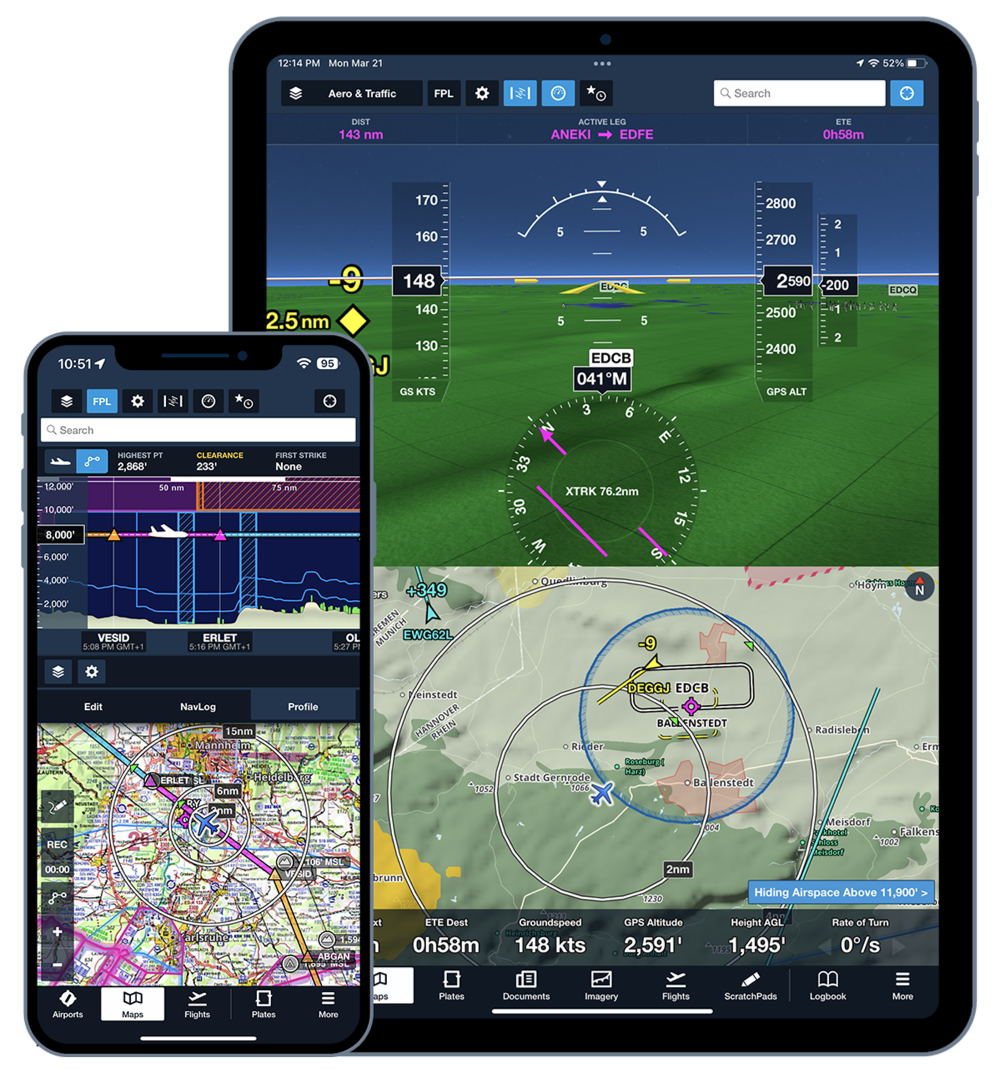 Screenshots of aviation navigation and flight planning apps on a tablet and smartphone, showing maps, flight data, and navigation information for pilots.