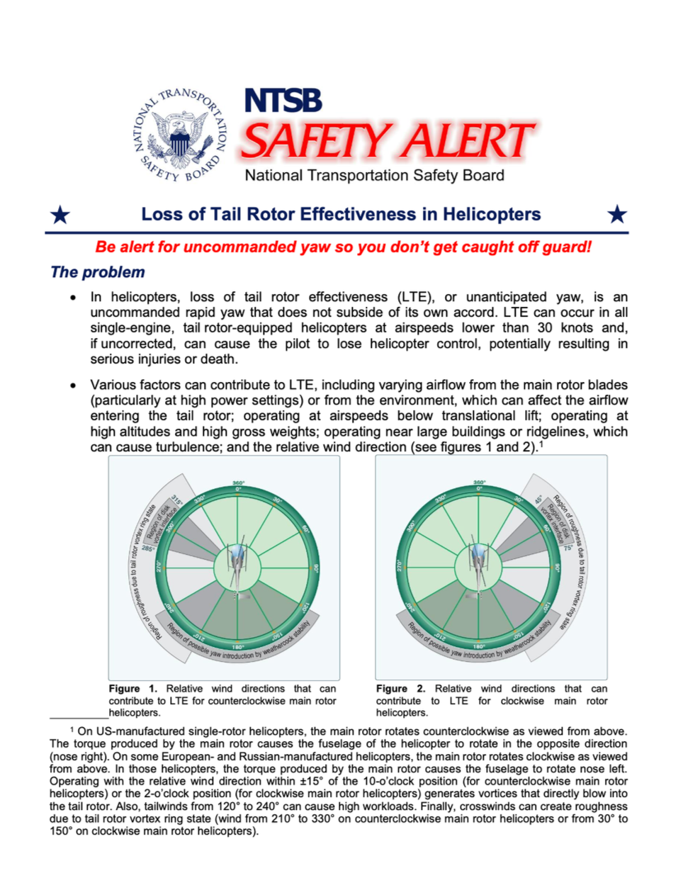 A safety alert document from the National Transportation Safety Board about loss of tail rotor effectiveness in helicopters