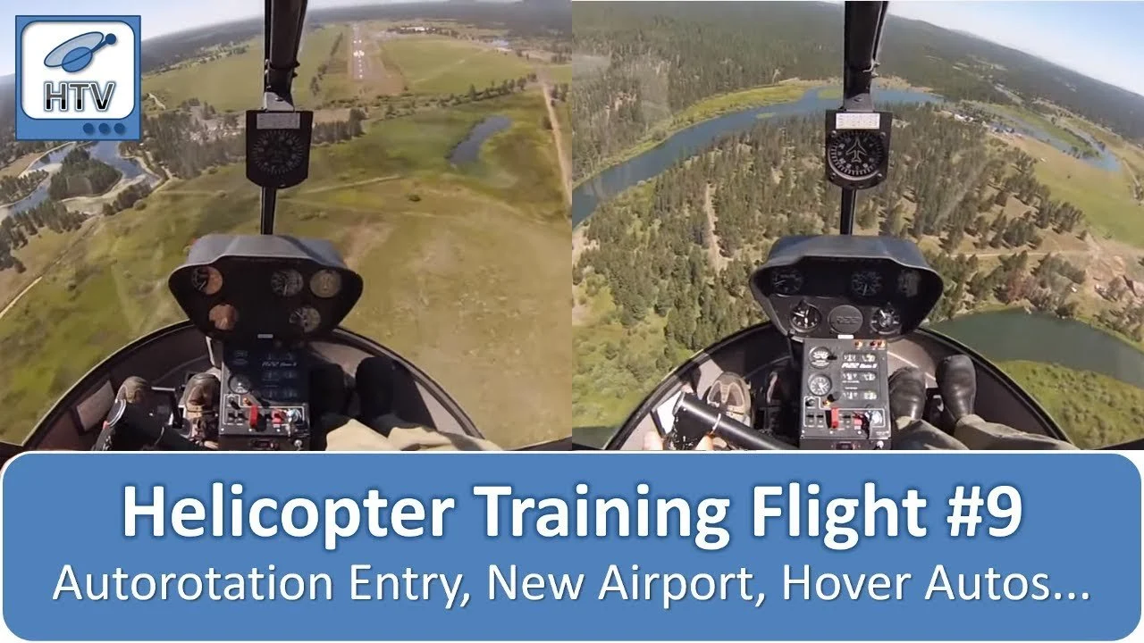 View from a helicopter cockpit showing a landscape with a lake, trees, and open fields. The image is split into two, with the left showing the scene from the left side of the helicopter and the right from the right side. The overlay text reads "Helicopter Training Flight #9, Autorotation Entry, New Airport, Hover Autos."