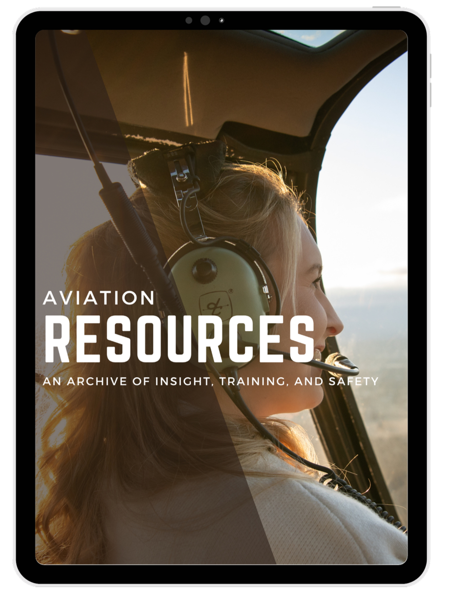 Cover image for aviation resources featuring a woman pilot in the cockpit of an aircraft, wearing headphones and looking out the window at sunrise or sunset.