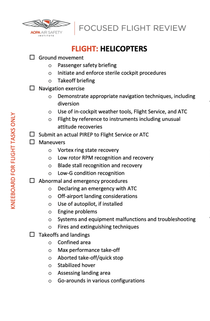 Focused Flight Review from the AOPA Air Safety Institute, listing specific tasks for helicopter flight review, including ground movement, navigation exercise, submitting an actual PIREP, maneuvers, emergency procedures, and takeoffs and landings.