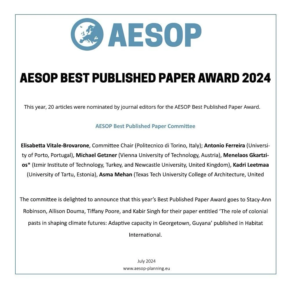 AESOP BEST PUBLISHED PAPER AWARD 2024 
During the AESOP 2024 Congress that took place in #Paris in July, this year’s Best Published Paper 
Award has been attributed to Stacy-Ann Robinson, Allison Douma, Tiffany Poore, and Kabir 
Singh for t
