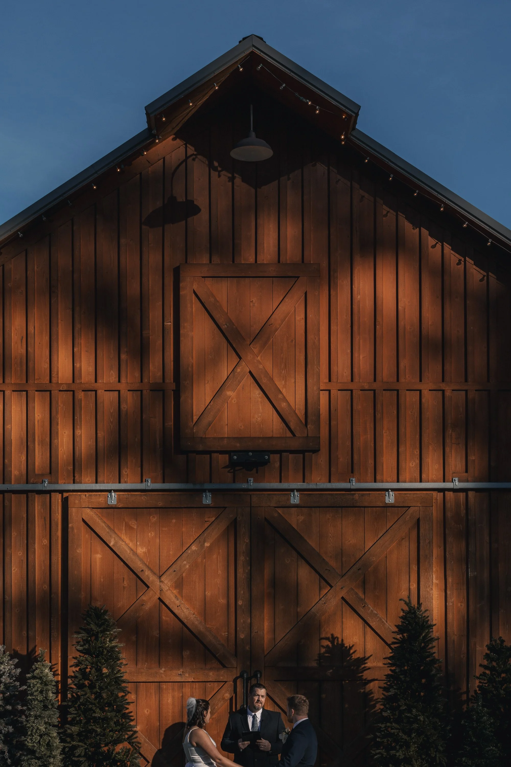 A wedding ceremony taking place outdoors in front of a large wooden barn with two enveloping evergreen trees.