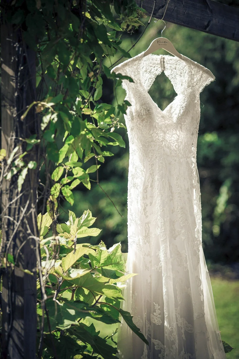 A bride's wedding dress hanging outside by a tree.
