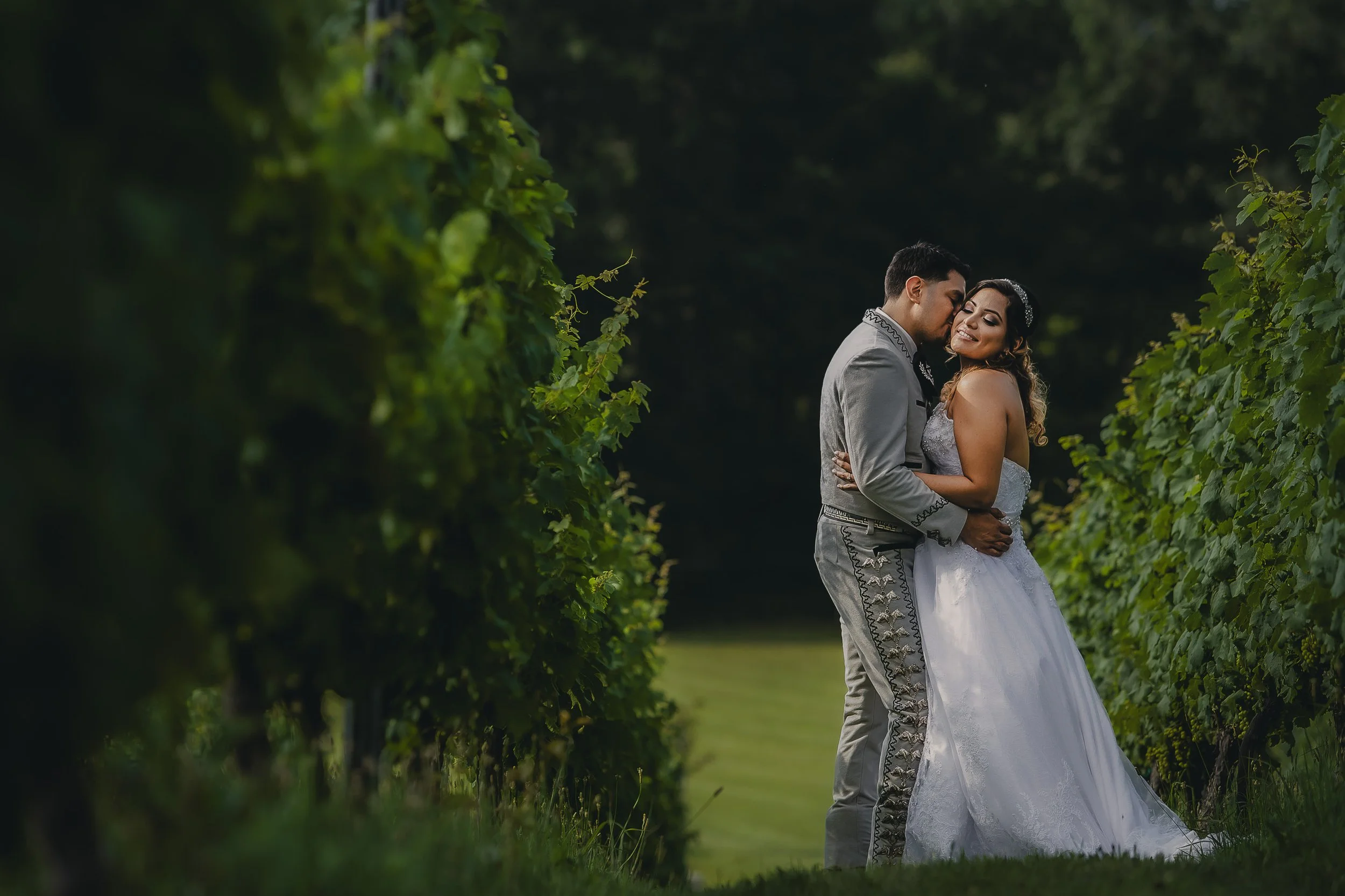 A newlywed couple embracing in a vineyard, with the bride in a white gown and the groom in a light gray traditional suit, surrounded by lush green grapevines.