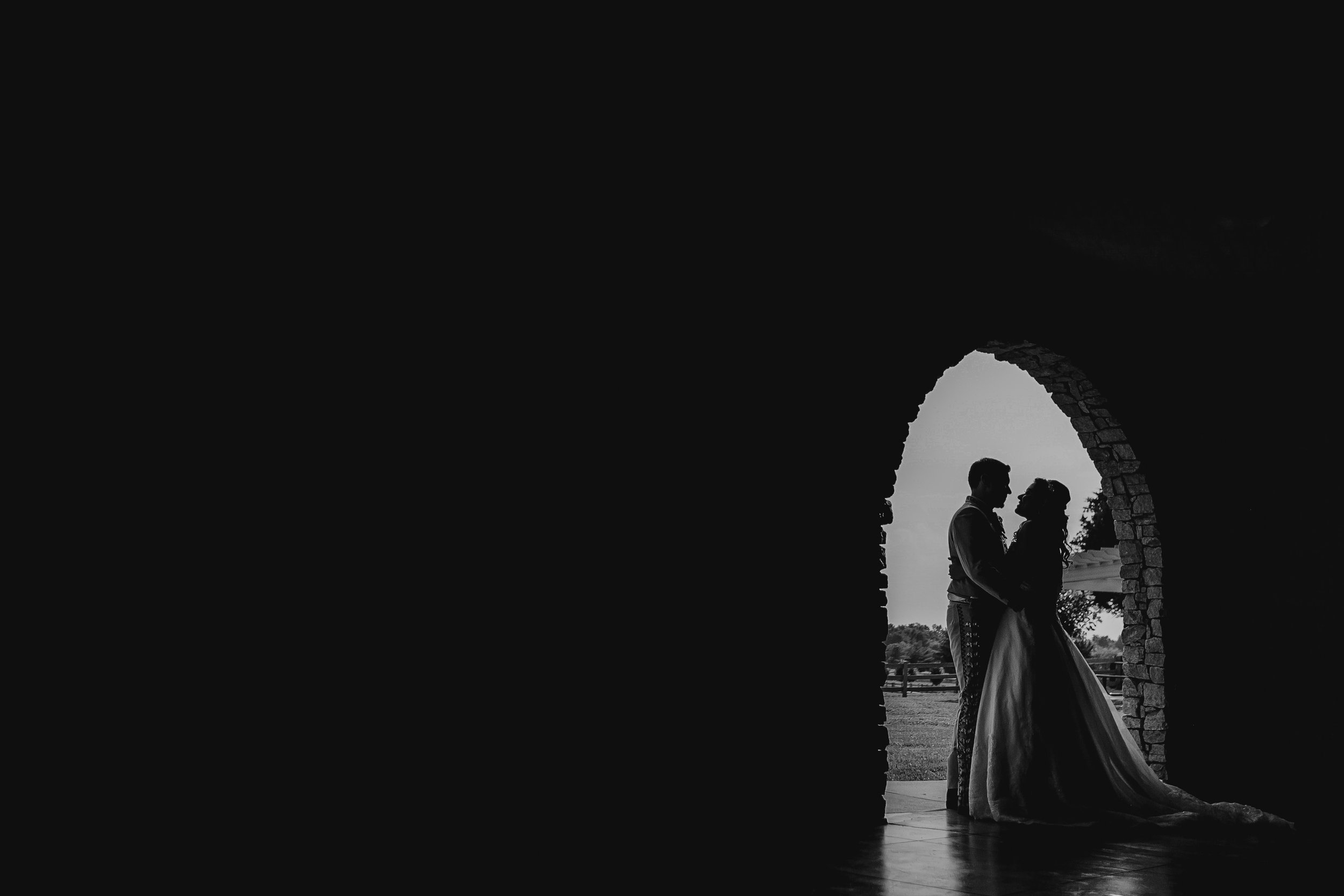 Silhouette of a couple standing close together under an arch, with outdoor scenery in the background.