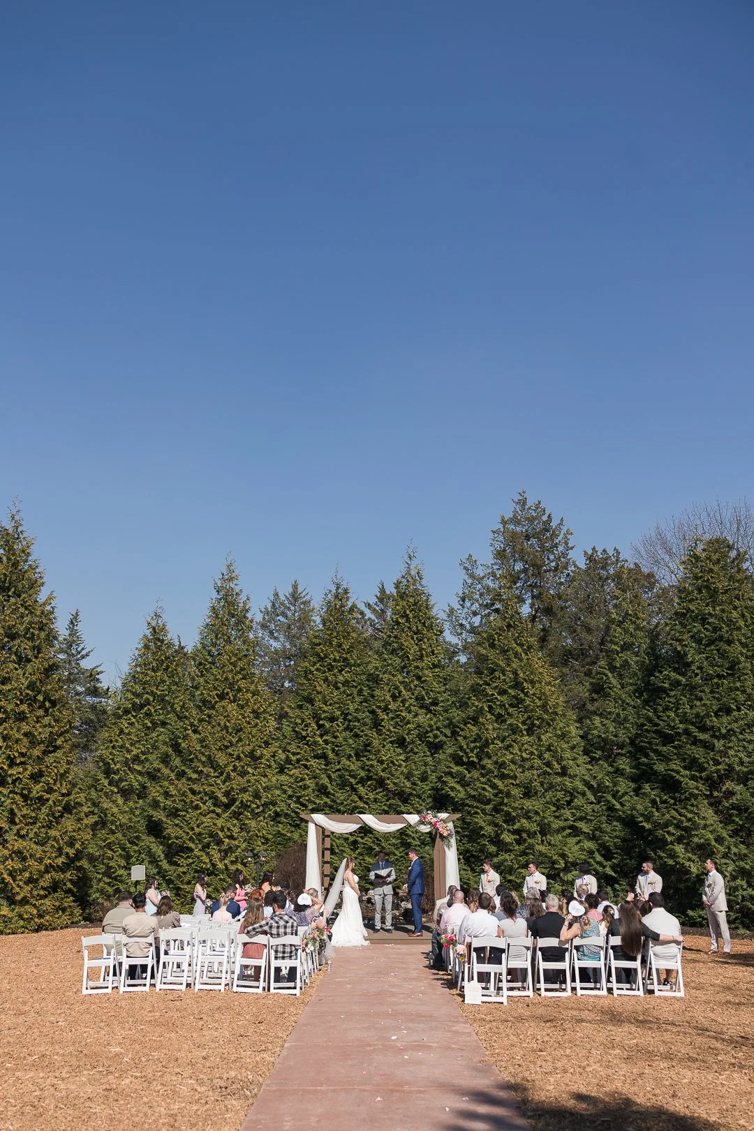 Outdoor wedding ceremony with bride and groom under a decorated arch, surrounded by white chairs and guests, against a background of tall evergreen trees and a clear blue sky.