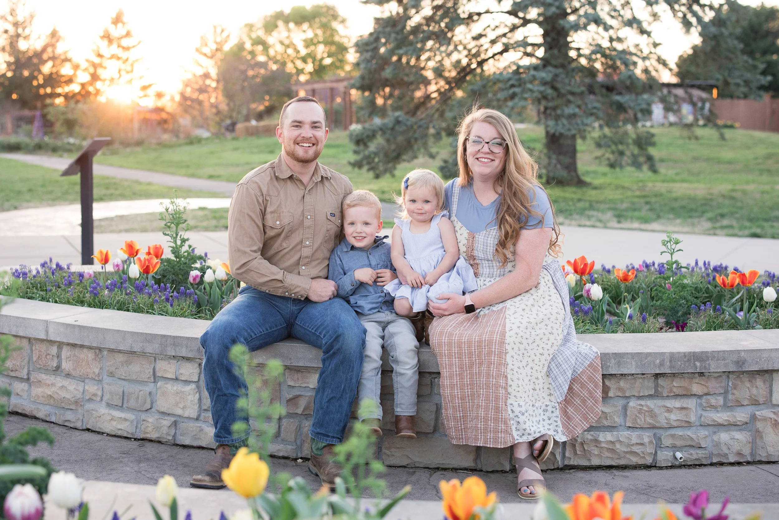 A family of four sitting on a stone bench in a park with colorful tulips and flowers, sunset in the background.
