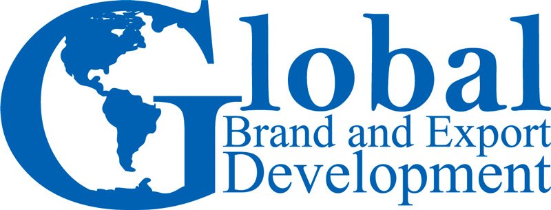 Logo with text "Global Brand and Export Development" in blue, featuring a large "G" with the Americas map inside.