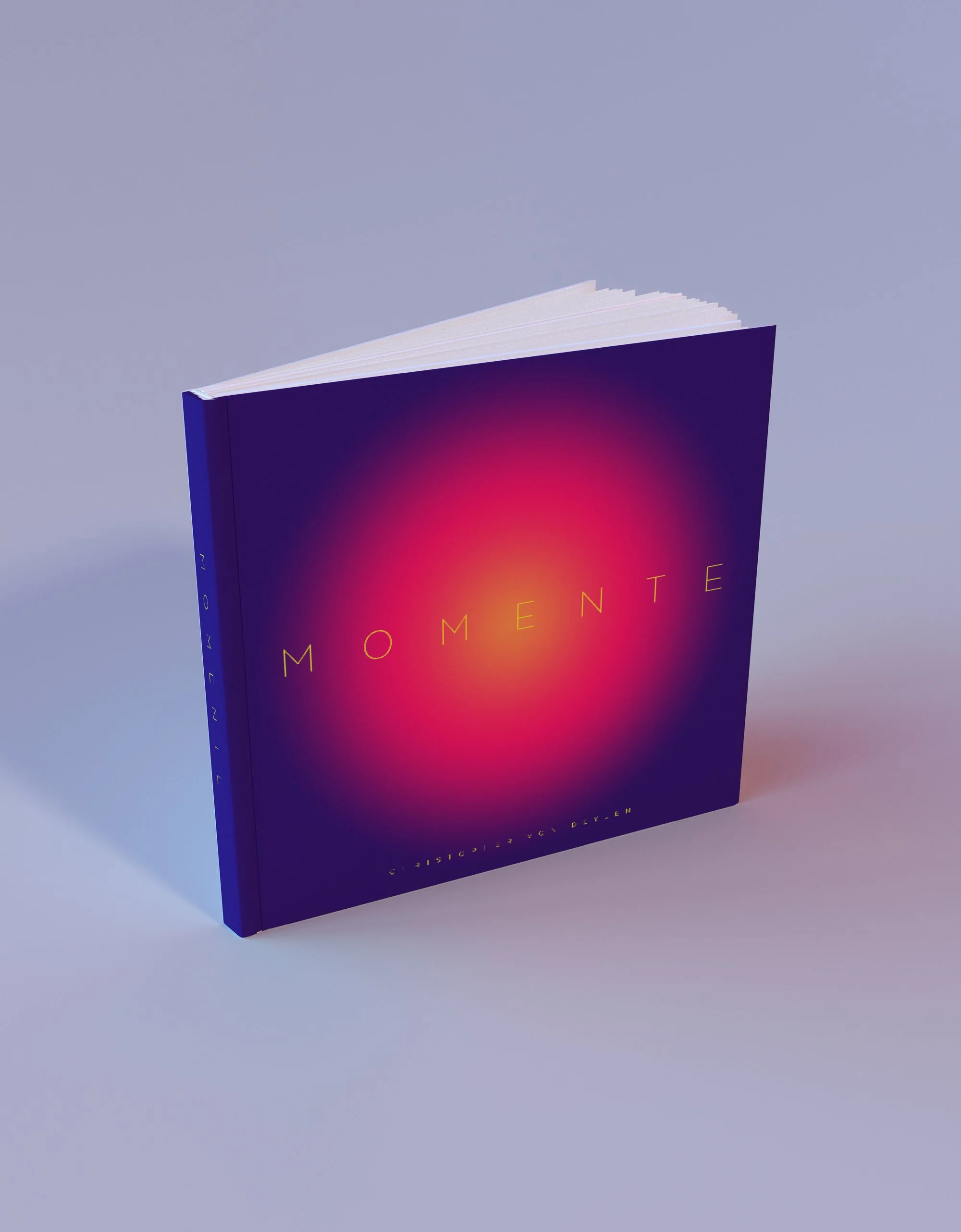 A dark purple book titled 'Momente' with a glowing pink and orange spot in the center of the cover, placed on a light gray surface.