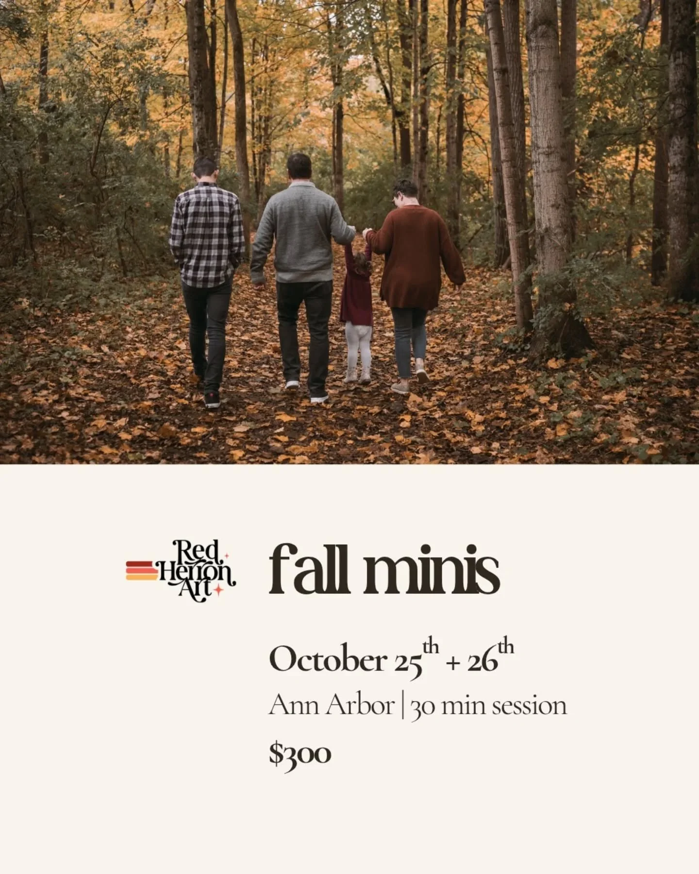 Fall minis are live! Comment &quot;Ready to Book!&quot; Or DM me to claim your spot 😎

These will take place at The Arboretum in Ann Arbor! 30 min sessions, 50+ edited photos, $300 ($120 due at booking). 

Come hang out and get those memories frozen