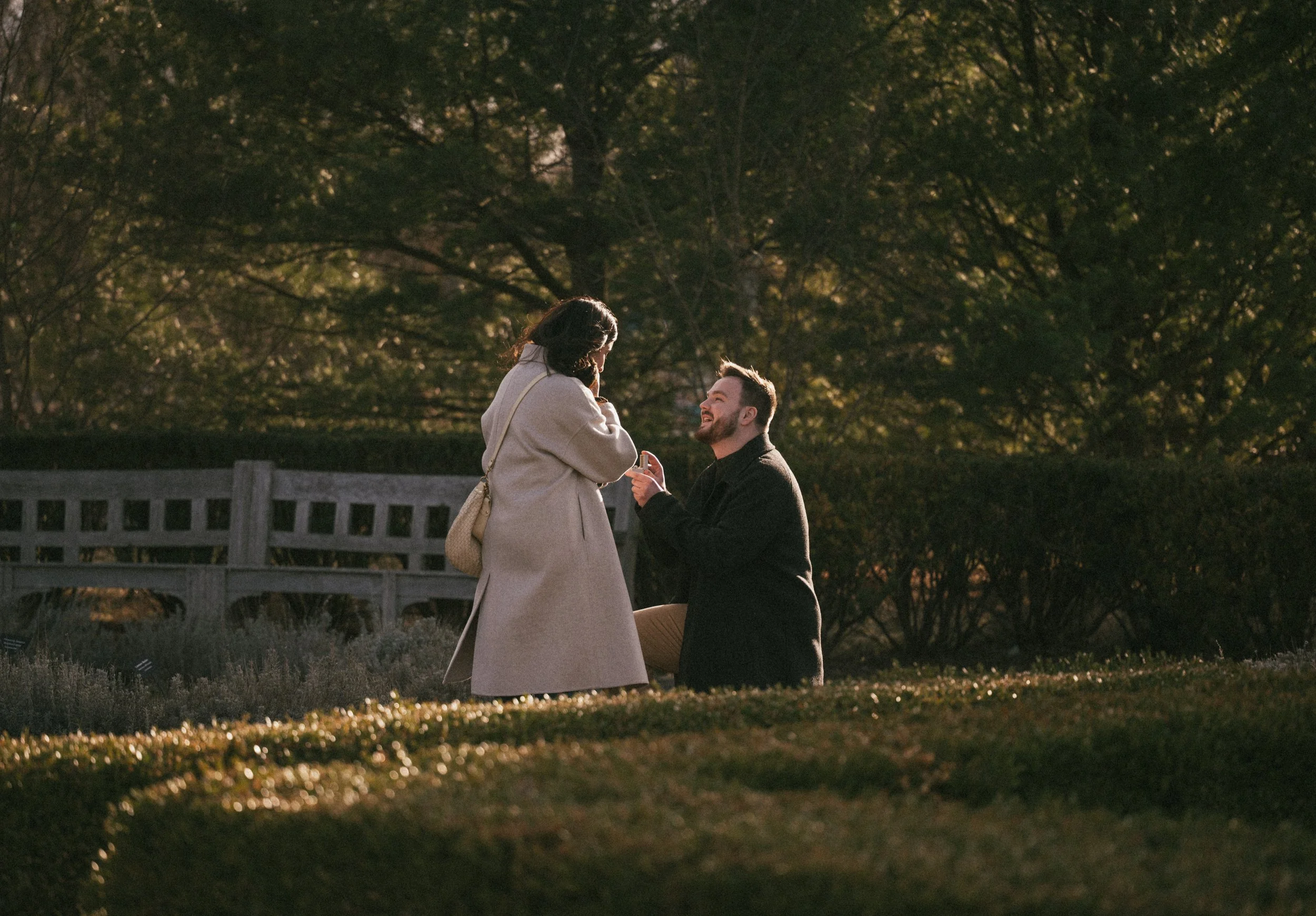 man proposes to woman on one knee in a hedge garden