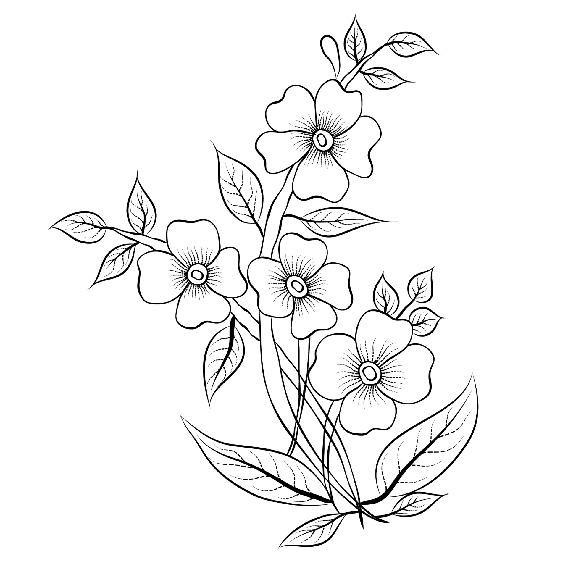 Black and white illustration of a floral design with five flowers and multiple leaves.