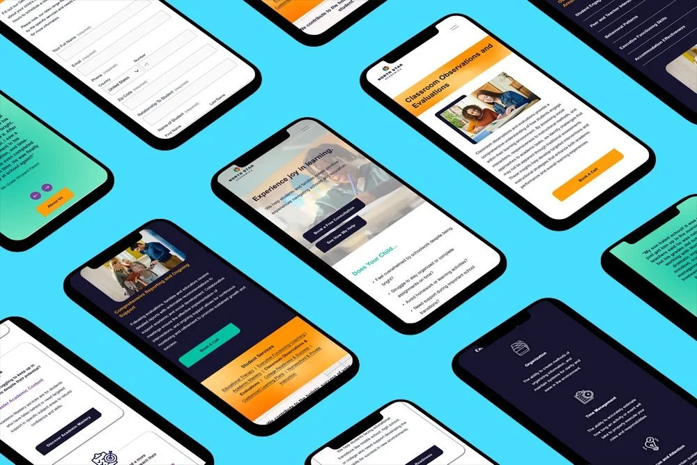 Multiple smartphones displaying various educational app screens on a blue background.